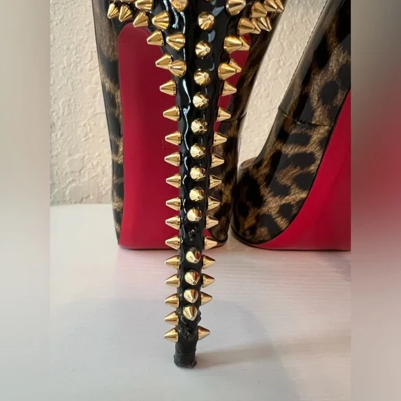 Christian Louboutin Brown/Beige Leopard Print Spikes Platform Pump - Picture 7 of 10